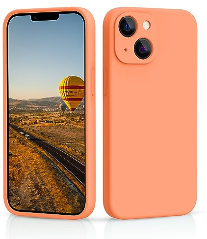CALOOP Slim-Fit for iPhone 13 Case,Skin Soft Liquid Silicone,Sturdy Shockproof Hard Frame Cover with Anti-Scratch Microfiber Lining,Full Protection for Screen and Camera Lens, 6.1 inch(Kumquat Orange)