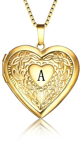 GOKING Letter A Locket Necklace that Holds Pictures, 18K Gold Plated Heart Photo Initial Alphabet Necklace, Gift for Women