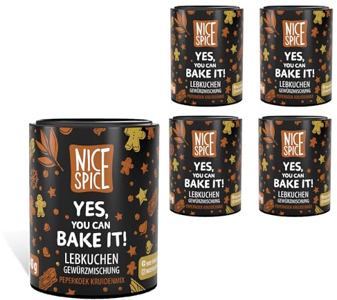 NICE SPICE Condimento para pan de jengibre, 5 latas (5 x 40 g), mezcla de especias para deliciosos pan de jengibre, hornear, regalo para los amantes de la repostería
