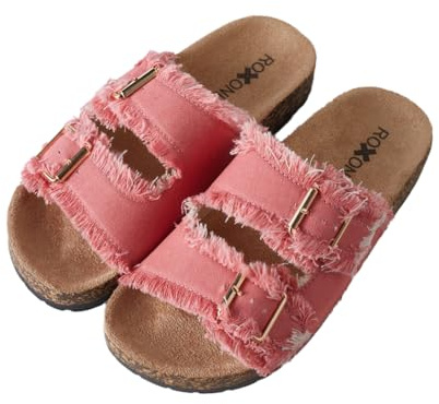 Roxoni Women's Comfort Flat Sandals Double Buckle Adjustable Straps Flat Slides Footbed Suede