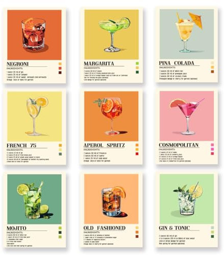 SUPERDANT 9 Pcs Cocktails Canvas Wall Art Cocktail Pictures for Living Room Mojito Poster Bar Wall Painting for Kitchen Cafeteria Bar Summer Party (No Farm)