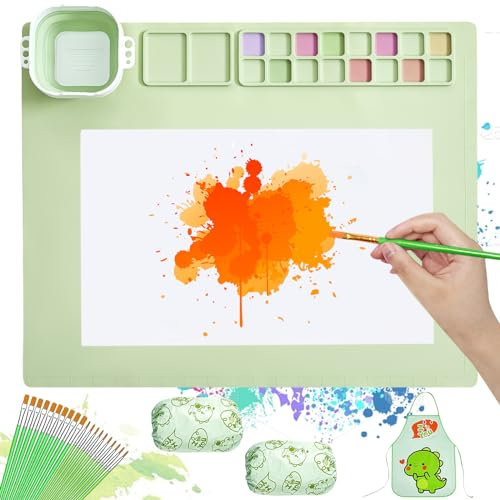 PRITOK Grün Malmatte aus Silikon: Antihaftbeschichtet Malunterlage für Kinder mit Zusammenklappbarem Tasse Pinsel Schürze und Ärmel, Bastelunterlage Kinder für Malerei DIY Projekte