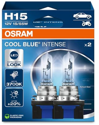 Osram COOL BLUE® INTENSE H15, +20% more brightness, up to 3,700K, halogen headlight lamp, LED look, Hanging folding box (2 lamps)