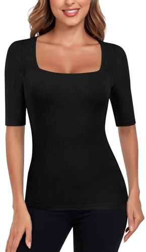 WOWENY Camiseta de media manga acanalada para mujer, corte ajustado, camiseta básica, cuello cuadrado, manga corta, jersey, camiseta elástica, informal, blusa, Negro , M
