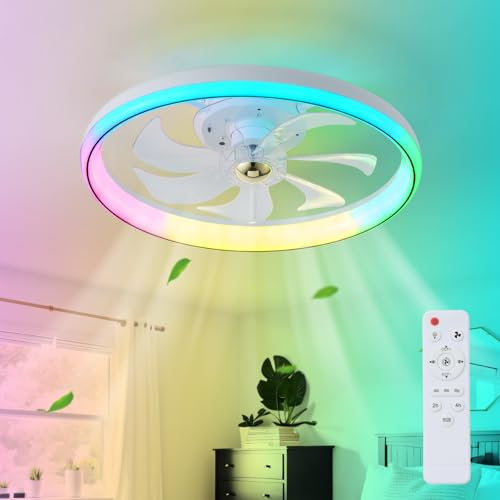 LMiSQ RGB Ceiling Fan LED Ceiling Fans with Lights and Remote,Dimmable Bladeless Ceiling Fans with Lamps Timing 3 Speeds Modern Fan Lights Ceiling for Bedroom Living Room