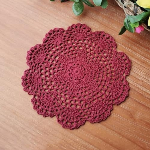 Blausky 6 stycken runda broderade bordsmattor, virkade dukar, spetsiga bordstabletter små virkade bordslöpare bomull underlägg, bordsdukar för koppar skålar tallrik vaser antik, 20 cm, vinröd
