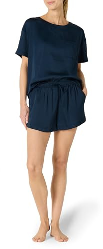 Amazon Essentials Conjunto de Pijama de Satén Compuesto por Camiseta y Pantalones Cortos Mujer, Azul Marino, XS
