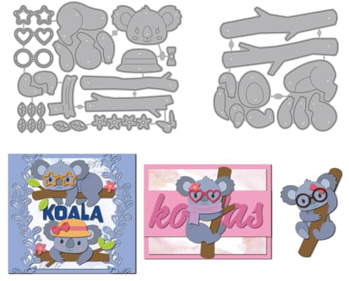 MAYJOYDIY Troqueles de corte de troncos de árboles Koala, gafas, gorros, bufandas, troqueles de metal con motivos de animales, estampado y plantilla de corte para álbumes de recortes, papel de