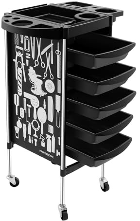 LKHDONG Carrello da parrucchiere, carrello da lavoro con 5 cassetti e ruote, salone trolley max 100 kg, carrello per saloni di bellezza, barbiere, carrelli operativi nero
