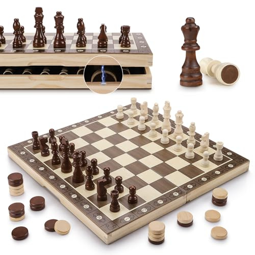 GGIE Chess Set with Checkers 2 in 1 | 15 Magnetic Wooden Chess Board for Adults Kids | Folding Travel Chess Set with Storage Bag | 2 Extral Queens | Gift Toys for Boys Girls