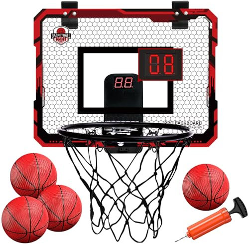 Basketballkorb Indoor für Kinder,Mini Basketballkorb Kinder,mit 4 Ball und 2 Netze u Anzeigetafel,über die Tür Basketballkorbs,Basketball-Spielzeug für 3 4 5 6 7 8 9 10 11 12 Jahre Alte Jungen Mädchen