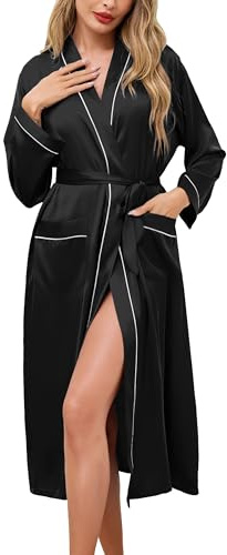 Sopesil Peignoir Satin Femme Robe de Chambre Femme Robe de Mariée Peignoir Kimono avec Ceinture Maison et Loisirs pour Toutes les Saisons Noir L