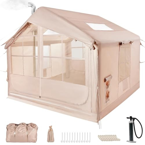 Inflatable Camping Tent with Pump, Glamping Inflatable Sport Tent for Camping, 4 Season Windproof Outdoor Oxford Blow Up Cabin Tent with Mesh Windows & Doors for Camping (3-5 People)