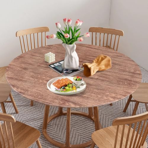 Tischdecke Rund Abwaschbar Tischdecke mit Gummizug, Gartentischdecke Rund mit Gummizug, Gartentischdecke Wetterfest Indoor Ideal für 90cm-110cm (Braun Holzmaserung)