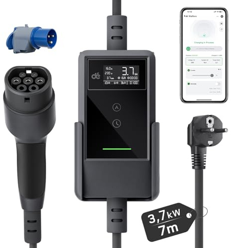 dé Chargeur Voiture Electrique APP 3,7kW [7m, 6-16A] Cable Recharge Voiture Electrique avec Support Mural, Chargeur Type 2 Numérique LCD, Compatible avec E-208, Model Y, E-Tech et Autres EV/PHEV