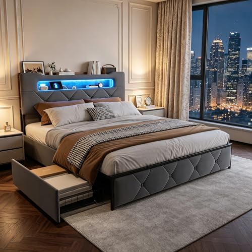 LIVLUX Lit 140x190 avec Sommier LED et USB,lit Double rembourré avec sommier à Lattes et 4 Tiroirs,Tete de Lit avec Rangement,pour Adultes et Adolescents,Velours (Gris Clair, 140 x 190 cm)