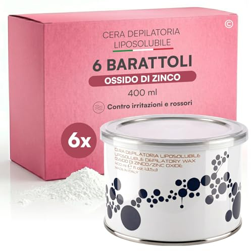 Cera Depilatoria Liposolubile all'Ossido di Zinco, Ceretta Professionale Contro Irritazioni e Rossori, Azione Lenitiva per Pelli Sensibili, Ideale per Gambe Braccia Bikini - 6 Barattoli da 400ml