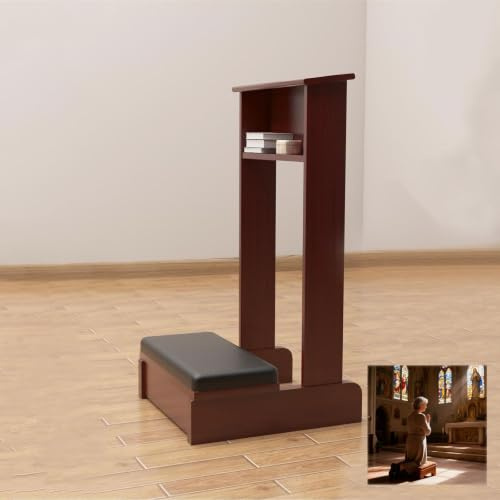 Kyrka Bönbänk Knäbänk Trä Bönbänk med Bokhylla Bönbord Hemma med Kudde Meditationspall Knäbänk för Kyrka Familj(Brown)