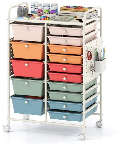 COSTWAY Carro de Almacenamiento con 14/15 Cajones (Macaron,15) | con Tablero Perforado, Ruedas con Freno, Estructura de Metal, Carrito Auxiliar de Plástico para Hogar Oficina