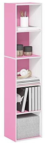 Furinno PASIR Book Shelf, 5-Tier Modern Bookshelf, Open Shelves Bookcase 9 x 12 x 52, for Living Room, Bedroom, Home Office, Pink/White