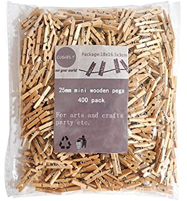 CUWELT 400 Pezzi Mini Mollette di Legno Naturale, 25 mm Miniatura Mollette, Decorative Mollettine di Legno Piccole, Mini Naturali Clip per Fai da Te, Decorazioni, Foto Biglietti Matrimonio DIY
