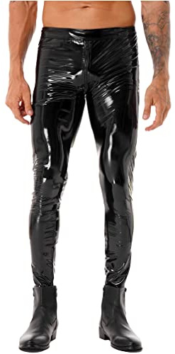 Msemis Läderbyxor för män, wetlook, leggings, skinny med dragkedja, elastisk lacklook, läderbyxor, smal passform, svart, L
