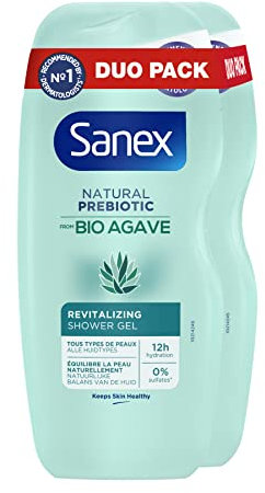 SANEX - Gel Douche Bio Agave Revitalisant - Pour Peaux Sensibles - Prébiotique Naturel Issu de l’Agave Bio - Hydrate & Revitalise la Peau - Respecte L’Équilibre Naturel De La Peau - 250mL x2