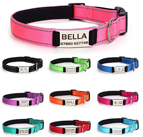 Personalized Custom Reflective Dog Collar, Free Engraved Nameplate Name Id Tag, Soft Nylon Full Metal Buckle Pet Cat Collars Adjustable for Xs Small Medium Large Dogs Puppy Kitten