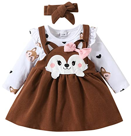 ensembles bébé fille naissance écureuil imprimé body bebe 0-18 mois manche longue barboteuse dessin anime automne jupe robe à bretelles bandeau habits tenue vetement bebe fille (Brown, 9-12 Months)