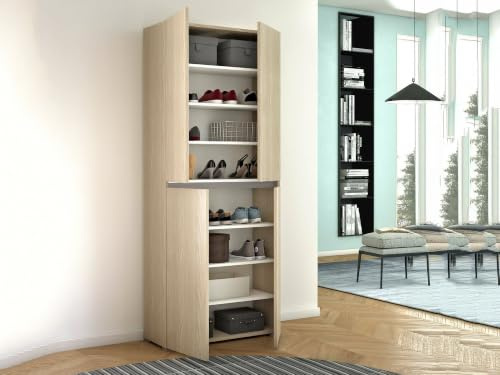 Dmora - Grande Armoire Polyvalente Bacopa, Étagère à Chaussures avec étagères réglables, Meuble à Chaussures avec 4 Portes, 100% Made in Italy, 80x37h195 cm, Olmo