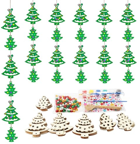 DKINY DIY Guirlande Noël Clochette 30pcs Arbres Noel en Bois à Colorer avec Pinceaux et Peinture Bricolage Guirlandes Créatifs pour Activité Enfant Fête Déco Suspendu