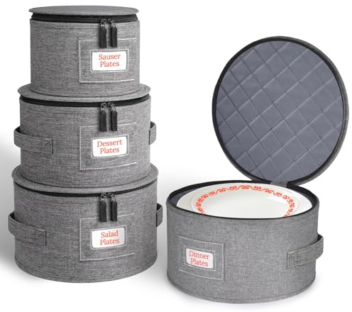 China Storage Containers, 4 Piece Rigid-Shell Dinnerware Storage with Felt Dividers, Stackable Fine China Storage for Plates, Bowls, Glassware, Kitchen Dish Organizer for Moving