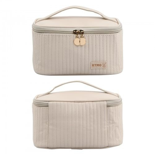 Culinavog Beauty Case da Viaggio Donna, Borsa Cosmetica da Viaggio, Borsa per Trucchi Spaziosa con Fascette Porta Pennelli, Porta Trucchi in Pelle a Righe PU per Donne e Ragazze (Beige)