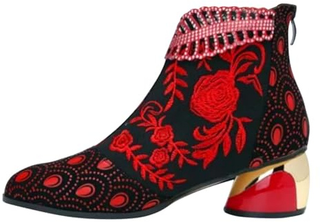 Generiska vinterstövlar damer kort skaft, ankelstövlar damer glitter vintage ankelstövlar blommönster västerländska stövlar med klack stor storlek snöstövlar varma traditionella stövlar breda fötter