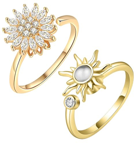 CHUANFU 2 st dam anti-stress ring, fidget ring ångest justerbar öppen ångest anti-stress stapla blomma solros roterande ringar för smycken gåva, guld