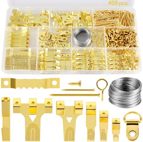 400 PCS Picture Hanging Kit - Assorted Hooks for Frames and Photos, Perfect for Hard Walls - Includes Saw Tooth Hangers, D-Rings, Nails, and Wire for Easy Installation