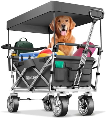 tectake® Carretto Richiudibile, Carico Max 80 kg, Carriola da Trasporto, Carrello a Mano, Tettuccio Removibile, Borsa per il Trasporto, Acciaio, Giardino, Esterno, Campeggio, Portatutto - Grigio
