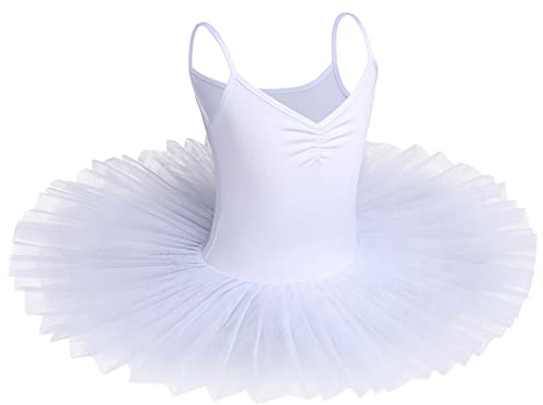 IBAKOM Girls Swan Lake Ballet Dance Tutu Dress V Neck Camisole Leotard Dancewear Ballerina Dancing Costume Gymnastic Spaghetti Strap Sleeveless Dance Outfit White 9-10 Years