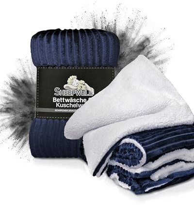 Sheepwell® Flauschige Plüsch Bettwäsche Navy Blue weiß Bettwäsche 155x220, Kissenbezug 80x80 Winterbettwäsche, Kinderbettwäsche, Fellbettwäsche kuschelig warm, Flanell, kuschelweich, bügelfrei