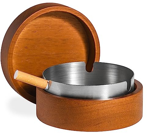 Cute Ashtrays for Cigarettes Ash Tray with Lid DDAJJAJ Wooden Ashtray with Stainless Steel Portable Decorative Windproof Ashtray for Home,Patio,Office,Outdoors,Indoor,Parties（Red)