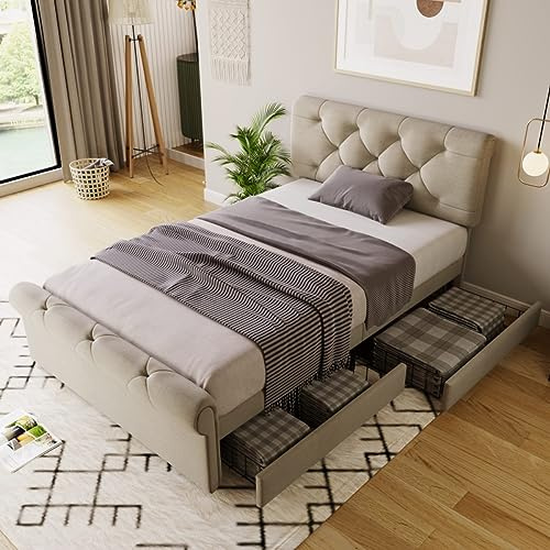 Sweiko Lit rembourré, 90 x 200 cm, avec 2 tiroirs, sommier à lattes, avec tête de lit réglable en hauteur, lit fonctionnel, de rangement, avec cadre en métal, sans matelas