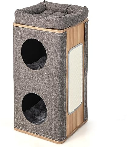 GOPLUS Tonneau à Gratter pour Chat 3 Niveaux 71CM, Surface Peluche (Gris) | Perchoir Supérieur, Tapis à Gratter en Sisal Amovible, Condo à Chat 2 en 1 avec Couverture Amovible, Interieur, Gris