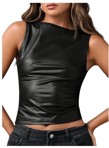 Milumia Women's Faux Leather Tank Top Shirt Y2k Fitted Going Out Tops Party Clubwear Black X-Large