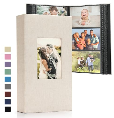 DazSpirit Álbum de fotos 6x4 – 300 bolsillos, libro de recuerdos de lino con páginas negras, cubierta acolchada y ventana frontal personalizable – Ideal para bodas, familia, bebés, viajes