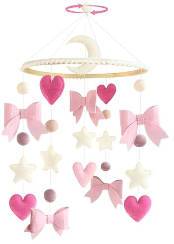 Mobile Lit Bébé, Carillon Mobile Bois pour Bébé avec Rose Nœud Beige Étoiles et Lunes Chambre de Bébé Cloche de Lit Décorations Suspendues Cadeaux Naissance pour Bébés Filles