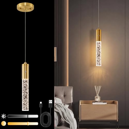 Akku Pendelleuchte Gold Kristall LED Hängelampe mit Batterie,7500mAh LED Hängeleuchte Touch Dimmbar 3 Farben,Höhenverstellbar, Zylinder Pendelleuchte Batteriebetriebene für Nachttisch Schlafzimmer