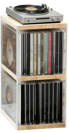 CD Holder Desk Rack Organizer, Acrylic CD Storage Units, CD Storage Rack | Holds 30 CD Case, 55 DVDs in Slim Cases, and 130 Discs in CD Sleeves, Organizer for CD & DVD-Natural Wood, 8.2*5.9*12.4 In