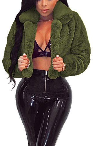 RAMOUG Women Faux Fur Jacket Lapel Crop Fuzzy Coat Outerwear Army Green M