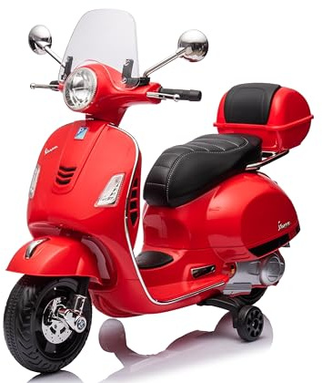 Mondial Toys Elektrisk motorcykel för barn 12V med officiell Vespa Piaggio-licens – Modell GTS Super, LED-lampor, MP3, lädersits, toppbox – Röd