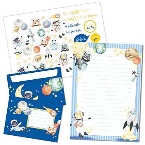 Papierdrachen Briefblock Set - 50 bunt bedruckte Briefbögen - Briefpapier mit Stickerbogen - 20 bedruckte Umschläge - Geschenkidee für Kinder - Astronauten